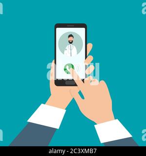 Online-Arzt. Mann Ruft Seinen Arzt Per Videoanruf Auf Smartphone, Vector Stock Vektor