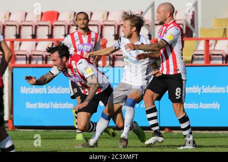 Exeter, Großbritannien. Juni 2020. Ryan Bowman von Exeter City geht während der EFL Sky Bet League 2 Play-offs Halbfinale zwischen Exeter City und Colchester United im St James' Park, Exeter, England am 22. Juni 2020. Foto von Dave Peters. Nur für redaktionelle Zwecke, Lizenz für kommerzielle Nutzung erforderlich. Keine Verwendung in Wetten, Spielen oder Publikationen einzelner Vereine/Vereine/Spieler. Kredit: UK Sports Pics Ltd/Alamy Live Nachrichten Stockfoto