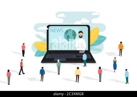 Junge Männer und Frauen stehen in der Nähe eines großen Laptops und schauen sich Nachrichten an Stock Vektor