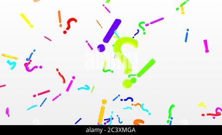 Bunte 3D Fragezeichen und Ausrufezeichen fallen in Zeitlupe - abstrakte Hintergrundtextur Stockfoto