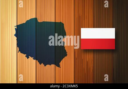 Karte und Flagge Polens auf Holzhintergrund, 3D-Illustration Stockfoto