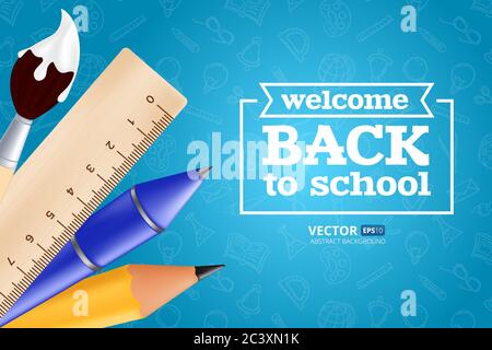 Willkommen zurück in der Schule - Objekte mit Bleistift, Lineal, Stift, Pinsel gesetzt. Vektorgrafik mit realistischen Lernelementen auf nahtlosem Muster Stock Vektor