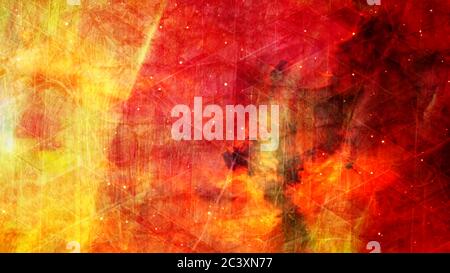 Feurige Wolken und Geometrie mit leuchtenden Sternen im Himmel - abstrakte Hintergrundtextur Stockfoto