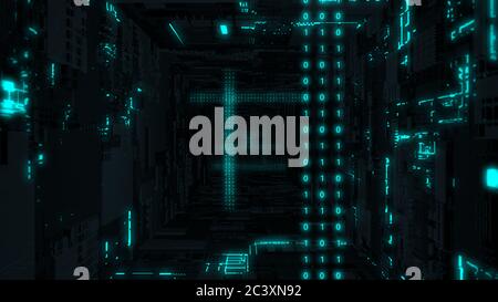 Fly Inside Computer mit Datenströmen von binären Nullen und Einsen - abstrakte Hintergrundtextur Stockfoto