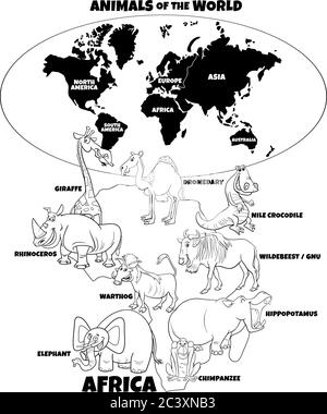 Schwarz-Weiß-LernCartoon Illustration von Lustige afrikanische Tiere und Weltkarte mit Kontinenten Formen Malbuch Seite Stock Vektor