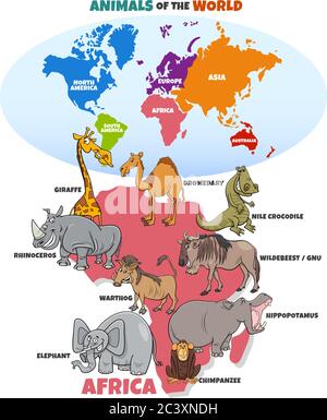 Pädagogische Cartoon Illustration von Lustige afrikanische Tiere und Weltkarte mit Kontinenten Formen Stock Vektor