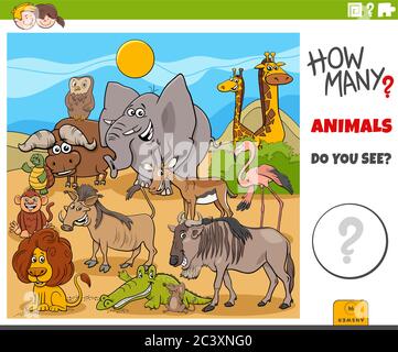 Illustration der pädagogischen Zählen Spiel für Kinder mit Cartoon Funny Animal Characters Gruppe in der Wildnis Stock Vektor