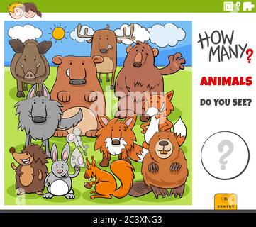 Illustration der pädagogischen Zählung Aufgabe für Kinder mit Cartoon Funny Animal Characters Gruppe in der Wildnis Stock Vektor