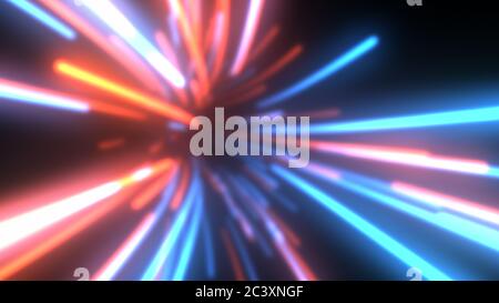 Fliegen in futuristischer Datenstrom-Technologie Tunnel aus leuchtenden Linien - abstrakte Hintergrundtextur Stockfoto