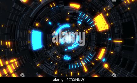 Futuristische Science Fiction Glowing Raumschiff Tunnel Fly Through - Abstrakte Hintergrundtextur Stockfoto