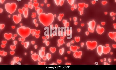 Glowing 3D Red Love Hearts Falling Valentinstag Romantik Konzept - Abstrakt Hintergrund Textur Stockfoto