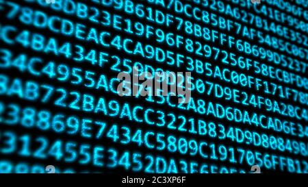 Hexadezimal Code Programm Ziffern auf Digital Computer Monitor Bildschirm - Abstract Hintergrundtextur Stockfoto