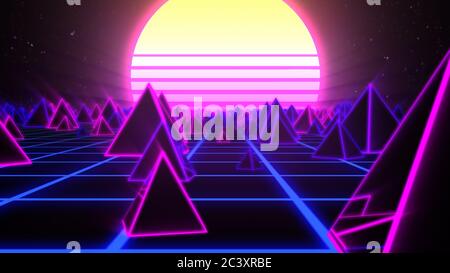 Retro Pyramiden auf 80s Synthwave Neon Landschaft mit glühender Sonne - abstrakte Hintergrundstruktur Stockfoto