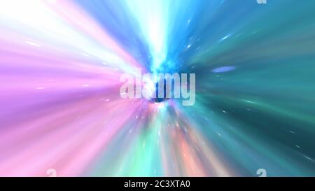 Reise durch den SciFi-Wurmloch-Tunnel in Warp-Geschwindigkeit im galaktischen Raum - abstrakte Hintergrundtextur Stockfoto