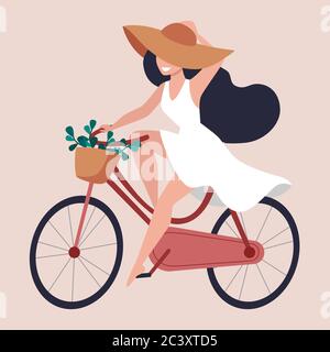 Eine junge Frau in einem weißen Kleid und Hut fährt mit dem Fahrrad. Damen Fahrrad mit Korb und Blumen. Vektorgrafik flach. Mädchen mit schwarzen Haaren, brünett Stock Vektor