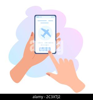 Hand halten Telefon mit Flugtickets Online-Buchung. Kaufen Sie ein Ticket online. Buchen eines Fluges für Reisen. Kaufen eines Tickets mit Ihrem Smartphone Stock Vektor