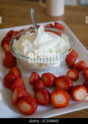 Erdbeeren und Schlagsahne auf weißem Tablett Stockfoto