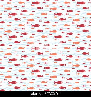 Niedliche kleine rote Fisch Silhouette Cartoon nahtlose Vektor-Muster. Handgezeichnete Meeresleerziegel. All over Print für Marine Fischerei Blog, nautische Grafik Stock Vektor