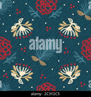 Handgezeichnetes abstraktes Weihnachtsbaummuster. Gechleudert Tannenbaum Zweig, poinsettia Blume Hintergrund. Winterurlaub überall Druck. Festliches Geschenk Stock Vektor