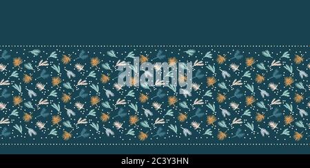 Handgezeichnetes abstraktes Weihnachtsbaum-Rahmenmuster. Winzig gewirbelt Tannenzweig auf grünem Hintergrund. Niedliche Winter Urlaub Band Banner. Festliches Geschenk Stock Vektor