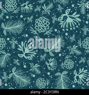 Handgezeichnetes abstraktes Weihnachtsbaummuster. Gechleudert Tannenbaum Zweig, poinsettia Blume Hintergrund. Winterurlaub überall Druck. Festliches Geschenk Stock Vektor