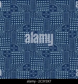 Damast-Motiv sashiko Stichmuster. Japanische Nadelarbeit nahtlose Vektor-Hintergrund. Handgezeichneter, gekreuzter Texturdruck. Klassisches Japan Stock Vektor