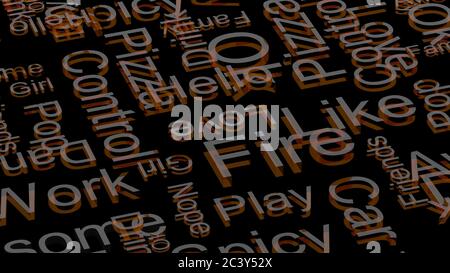 Tapete orange Glas Text zufällige Wörter auf einem dunklen schwarzen Hintergrund. Regen von Buchstaben Wörterbuch 3d abstrakt Rendern Illustration isoliert. Stockfoto