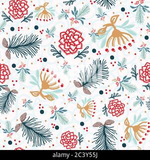 Handgezeichnetes abstraktes Weihnachtsbaummuster. Gechleudert Tannenbaum Zweig, poinsettia Blume Hintergrund. Winterurlaub überall Druck. Festliches Geschenk Stock Vektor