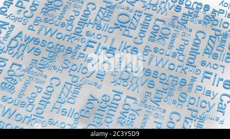 Wallpaper blauen Text zufällige Wörter auf einem hellgrauen Hintergrund. Regen von Buchstaben Wörterbuch 3d abstrakt Rendern Illustration isoliert. Ideal für Typografie Stockfoto