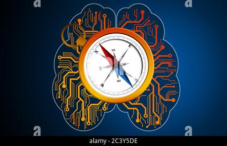 Menschliches Gehirn und Kompass in blauem Hintergrund, 3d-Rendering Stockfoto