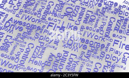 Wallpaper blauen Text zufällige Wörter auf einem hellgrauen Hintergrund. Regen von Buchstaben Wörterbuch 3d abstrakt Rendern Illustration isoliert. Ideal für Typografie Stockfoto