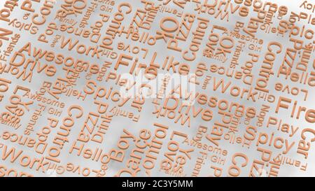 Wallpaper orange Text zufällige Wörter auf einem hellgrauen Hintergrund. Regen von Buchstaben Wörterbuch 3d abstrakt Rendern Illustration isoliert. Toll für Typografie Stockfoto