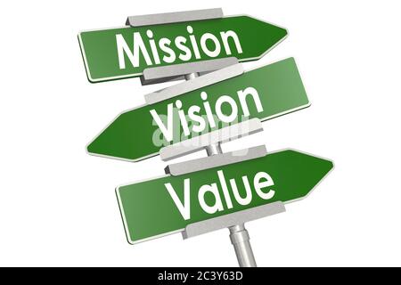 Mission, Vision und Wert Wort auf grünen Straßenschild, 3D-Rendering Stockfoto