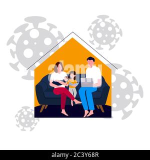 Familienbewusstsein schützt vor Corona-Virus durch Aktivitäten im Haus während covid 19 Pandemie flat Cartoon-Stil. Stock Vektor