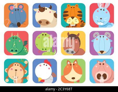 Eine lebendige und verspielte digitale Illustration mit zwölf entzückenden Tiergesichtern, die jeweils ein anderes Tierkreiszeichen oder ein symbolisches Wesen darstellen Stock Vektor