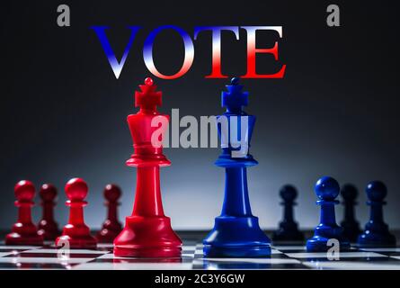 Studioaufnahme von roten und blauen Schachfiguren, die uns symbolisieren Demokratische und republikanische Parteien Stockfoto