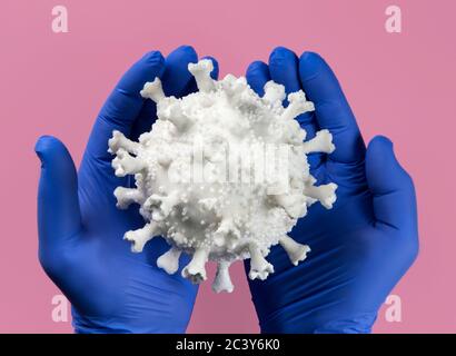 Hände in blauen Latex-Handschuhen mit Coronavirus-Modell Stockfoto