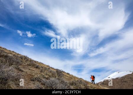 USA, Idaho, Bellevue, Senior woman hiking in Mountains Stockfoto