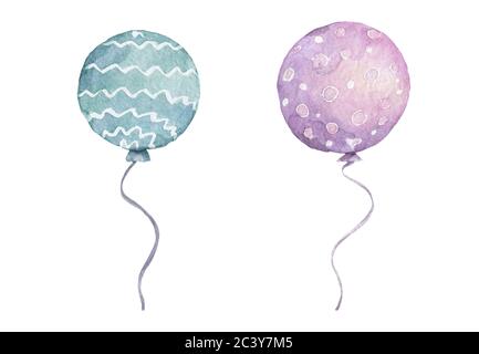 Blaue und rosa Aquarell Ballons handgezeichnete Illustration, für Karten oder Einladungen Stockfoto