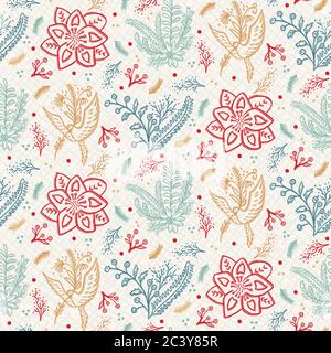 Handgezeichnetes abstraktes Weihnachtsbaummuster. Gechleudert Tannenbaum Zweig, poinsettia Blume Hintergrund. Winterurlaub überall Druck. Festliches Geschenk Stock Vektor