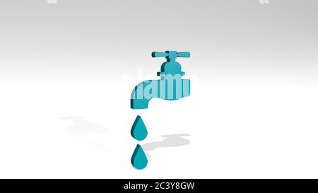 Isolierter Hintergrund: Leitungswasser aus einer Perspektive an der Wand. Eine dicke Skulptur aus metallischen Materialien von 3D-Rendering. Grün und weiß Stockfoto