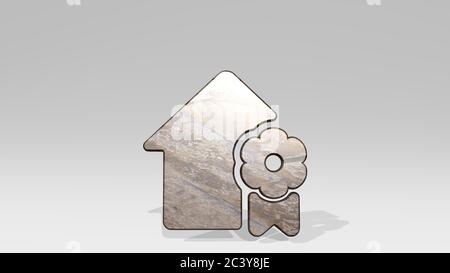 Immobilien-Wohnung: Immobilien-Action-Haus Band durch 3D-Illustration einer glänzenden Metallic-Skulptur an einer Wand mit hellem Hintergrund gemacht. Geschenk und Ikone Stockfoto
