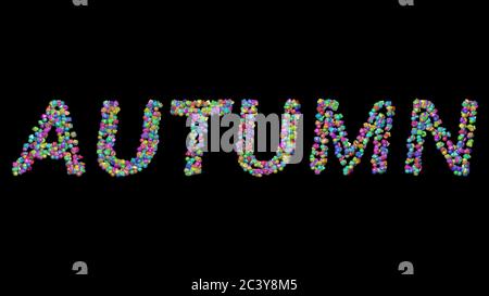 HERBST: 3D-Darstellung des Textes aus kleinen Objekten auf schwarzem Hintergrund mit Schatten. Landschaft und Farbe Stockfoto