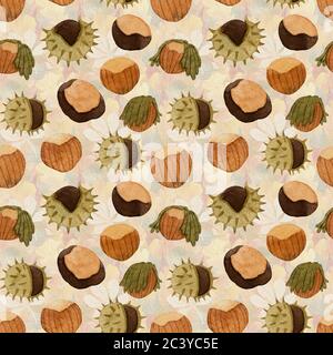 Aquarell Nahtloses Muster mit verschiedenen Nüssen Stockfoto