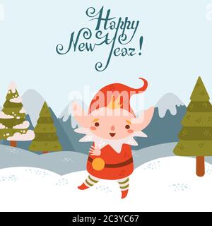 Flat Cartoon niedlichen Vektor Weihnachten Elfe mit Winterlandschaft Stock Vektor