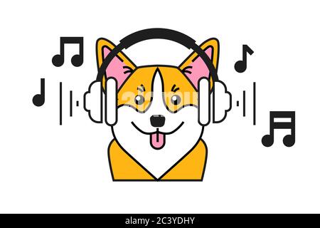Welsh Corgi mit Kopfhörer isoliert auf weißem Hintergrund für Ihre Projekte. Stock Vektor
