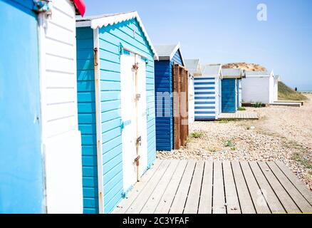 Blue Beach Huts Stockfoto