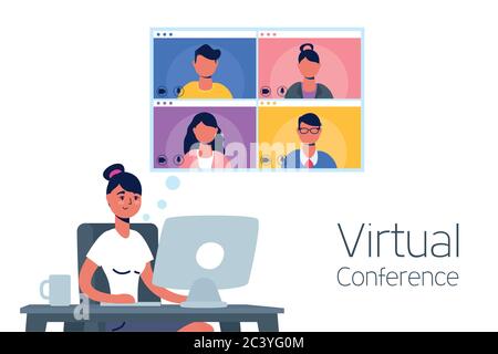 Frau mit Desktop in virtuellen Konferenz Kommunikation Vektor Illustration Design Stock Vektor