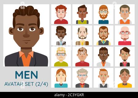 Männlicher Avatar. Sammlung von 16 Avatare mit verschiedenen Frisuren, Gesichtsformen, Hautfarbe und Kleidung. Satz 2 von 4. Stock Vektor