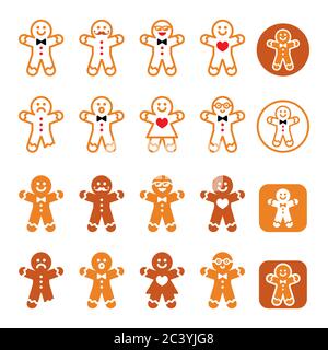 Lebkuchen Mann Weihnachten Icons Set - Xmas Backen, lustige Charakter Stock Vektor